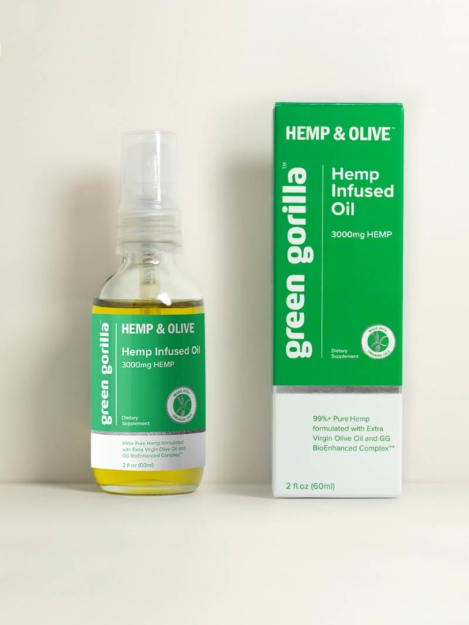 A bottle of Hemp & Olive hemp-infused oil.